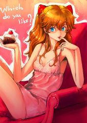 Rule 34 | 00s, 1girl, bare shoulders, blue eyes, boyaking, breasts, cupcake, english text, evangelion: 2.0 you can (not) advance, finger to mouth, food, hair ornament, long hair, neon genesis evangelion, nightgown, orange hair, rebuild of evangelion, revision, sitting, small breasts, solo, souryuu asuka langley, take your pick, twintails, two side up