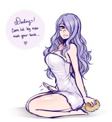 Rule 34 | 1girl, blush, breasts, brown eyes, camilla (fire emblem), cleavage, dojipan, female focus, fire emblem, fire emblem fates, hair over one eye, large breasts, long hair, looking at viewer, naked towel, nintendo, purple hair, simple background, sitting, smile, solo, towel, wariza, white background