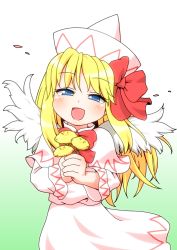 Rule 34 | 1girl, :d, blonde hair, blush, bow, capelet, dress, flower, hair bow, half-closed eyes, hat, head tilt, highres, large bow, lily white, long hair, looking at viewer, open mouth, petals, smile, solo, touhou, unachika, wings