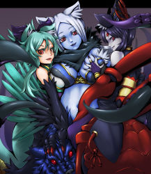 Rule 34 | 3girls, :q, animal ears, arachne (shinrabanshou), arthropod girl, bare shoulders, blue skin, bow, grabbing another&#039;s breast, breast press, breasts, bridal gauntlets, claws, colored skin, deep skin, dog ears, extra eyes, fangs, feathers, grabbing, green hair, hair bow, harpy, highres, horns, huster ham, insect girl, japanese clothes, large breasts, long hair, looking back, monster girl, morgan (shinrabanshou), multiple girls, nail polish, navel, open mouth, pink hair, purple eyes, purple hair, scyllei, shinrabanshou, short hair, spider girl, sukyurei, tentacles, tongue, tongue out, white hair, winged arms, wings, wolf