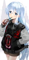 Rule 34 | 1girl, absurdres, alternate costume, black jacket, black shirt, blue eyes, brown shorts, collarbone, cowboy shot, cup, disposable cup, drinking, drinking straw, hammer and sickle, hand in pocket, hibiki (kancolle), highres, hizuki yayoi, holding, holding cup, jacket, kantai collection, long hair, long sleeves, looking at viewer, open clothes, open jacket, print shirt, raglan sleeves, shirt, short shorts, shorts, silver hair, solo, standing, verniy (kancolle)