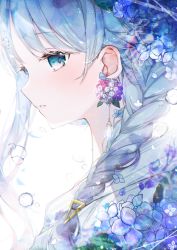 1girl absurdres blue_eyes blue_flower blush braid braided_ponytail bubble earrings flower hair_flower hair_ornament highres hydrangea jewelry long_hair original rain simple_background syana_alice