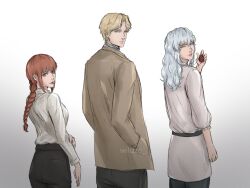 Rule 34 | 1girl, 2boys, behelit, berserk, blonde hair, blue eyes, blunt bangs, braid, brown coat, chainsaw man, closed mouth, coat, commentary, crossover, english commentary, griffith (berserk), hair between eyes, hands in pockets, highres, holding, holding jewelry, jewelry, johan liebert, long hair, looking at viewer, looking back, makima (chainsaw man), monster (manga), multiple boys, multiple crossover, parted bangs, red hair, ringed eyes, shirt, single braid, tunic, wavy hair, white background, white hair, white shirt, white tunic, wildzo, yellow eyes