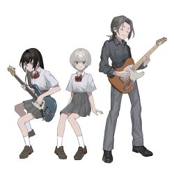 Rule 34 | 1boy, 2girls, absurdres, album cover, animification, black footwear, black hair, black shirt, bow, bowtie, brown footwear, character request, closed mouth, collared shirt, cover, expressionless, full body, grey eyes, grey hair, grey pants, grey skirt, guitar, hair between eyes, highres, holding, holding guitar, holding instrument, hoshimiya toto, indie virtual youtuber, instrument, invisible chair, kneehighs, loafers, long hair, long sleeves, looking at viewer, low ponytail, multiple girls, music, pants, playing guitar, playing instrument, pleated skirt, real life, red bow, red bowtie, school uniform, second-party source, shirt, shoes, short hair, simple background, sitting, skirt, socks, standing, virtual youtuber, white background, white shirt, white socks, zumochi