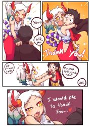 Rule 34 | 1boy, 1girl, abs, black hair, cape, carrying, english text, hair ornament, hair stick, highres, horns, hug, japanese clothes, luxidoro, monkey d. luffy, multicolored hair, one piece, oni, oni horns, size difference, yamato (one piece), yellow eyes