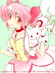 Rule 34 | 10s, 1girl, :3, bad id, bad pixiv id, blush, bow, chikage (kinokodou), choker, gloves, hair bow, kaname madoka, kaname madoka (magical girl), kyubey, magical girl, mahou shoujo madoka magica, pink eyes, pink hair, pointy ears, puffy sleeves, ribbon, short twintails, smile, solo, twintails, white gloves