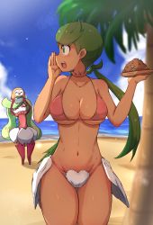 Rule 34 | 1girl, absurdres, beach, bikini, blue sky, breasts, cloud, collarbone, commentary request, creatures (company), dark-skinned female, dark skin, day, food, game freak, gen 7 pokemon, green hair, highres, large breasts, long hair, looking at another, mallow (pokemon), navel, nintendo, ocean, open mouth, outdoors, palm tree, pink bikini, pokemon, pokemon (creature), pokemon sm, robert m, rowlet, sky, swimsuit, thighs, tree, tsareena, twintails