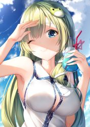 Rule 34 | 1girl, ;), armpits, bare shoulders, blue eyes, breasts, commentary request, cup, drinking glass, drinking straw, frog hair ornament, green hair, hair ornament, hands up, highres, holding, holding cup, kochiya sanae, large breasts, long hair, looking at viewer, one eye closed, shiero., shirt, sleeveless, sleeveless shirt, smile, snake hair ornament, solo, touhou, upper body, white shirt