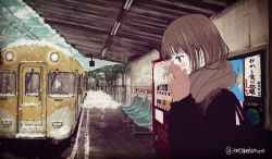 Rule 34 | 1girl, blush, breath, brown hair, brown scarf, chair, day, enpera, fence, gloves, hands on own face, hands up, long sleeves, original, outdoors, profile, scarf, shirokuro-kun, snow, snowing, solo, train, train station, twitter username