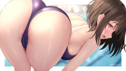Rule 34 | 1girl, akira shiun, ass, bent over, blurry, blurry background, blush, border, breasts, brown eyes, brown hair, competition swimsuit, embarrassed, highres, large breasts, looking at viewer, looking back, one-piece swimsuit, open mouth, original, partially visible vulva, pool, purple one-piece swimsuit, short hair, sideboob, solo, swimsuit, thighs, twitter username