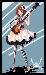 Rule 34 | 00s, 1girl, absurdres, bad id, bad pixiv id, brown eyes, brown hair, don&#039;t say &quot;lazy&quot;, electric guitar, female focus, full body, gibson les paul, guitar, highres, hirasawa yui, instrument, k-on!, klamp, legs, pantyhose, short hair, solo, striped clothes, striped pantyhose, vertical-striped clothes, vertical-striped pantyhose