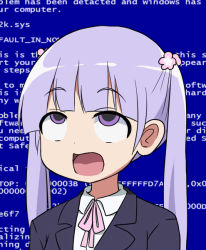 Rule 34 | 10s, 1girl, ahegao, blue screen of death, english text, engrish text, eyebrows, flower, formal, hair flower, hair ornament, jacket, long hair, neck ribbon, new game!, open mouth, pink ribbon, purple eyes, purple hair, ranguage, ribbon, school uniform, smile, solo, suit, super masara, suzukaze aoba, text focus, twintails