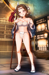 Rule 34 | 1girl, blush, breasts, brown eyes, brown hair, cameltoe, cleavage, cleft of venus, collarbone, covered erect nipples, full body, fundoshi, girls und panzer, highres, japanese clothes, large breasts, looking at viewer, megadeko, military, military uniform, navel, ooarai military uniform, open mouth, sarashi, sawa azusa, short hair, smile, solo, sweat, uniform