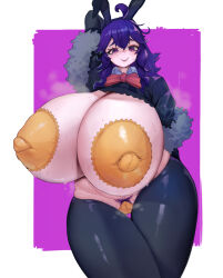 Rule 34 | 1girl, ahoge, animal ears, arm behind head, blush, bow, bowtie, breastless clothes, breasts, breasts out, cameltoe, cleft of venus, covered erect nipples, cowboy shot, creatures (company), fake animal ears, fat mons, feather boa, game freak, gigantic breasts, hex maniac (pokemon), highres, long hair, looking at viewer, maebari, matching hair/eyes, meme attire, nervous smile, nintendo, pasties, plump, pokemon, pokemon xy, pubic hair, purple eyes, purple hair, rabbit ears, reverse bunnysuit, reverse outfit, shrug (clothing), skindentation, smile, solo, ssko, standing, sweat, thick thighs, thigh gap, thighhighs, thighs, very long hair, wide hips