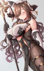 Rule 34 | 1girl, adapted costume, animal ears, blush, breasts, brown hair, closed eyes, cowboy shot, extra ears, galleon (granblue fantasy), granblue fantasy, highres, himuro shunsuke, holding, holding staff, horns, large breasts, long hair, pantyhose, parted lips, skindentation, solo, staff, very long hair, wavy hair