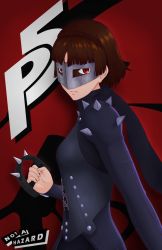 Rule 34 | 10s, 1girl, artist name, brown eyes, brown hair, english text, highres, looking at viewer, mask, niijima makoto, not a hazard, persona, persona 5, red eyes, scarf, short hair, shoulder spikes, solo, spikes