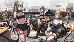 Rule 34 | 5girls, absurdres, alternate costume, animal ears, arknights, billboard, black hair, blue eyes, breasts, cat ears, character request, check character, cleavage cutout, clothing cutout, crop top, demon girl, demon tail, eunectes (arknights), fingerless gloves, gloves, grey hair, helmet, highres, holding, holding helmet, ines (arknights), jewelry, large breasts, lin (arknights), lizard tail, long hair, midriff, miniskirt, mkt (pixiv15187870), motor vehicle, motorcycle, mouse ears, multiple girls, necklace, outdoors, paint on clothes, pointy ears, ponytail, purple hair, red eyes, schwarz (arknights), shirt, short hair, short shorts, shorts, sitting, skindentation, skirt, sleeveless, sleeveless shirt, stomach, tail, thigh strap, torn clothes, torn shirt, w (arknights), yellow eyes
