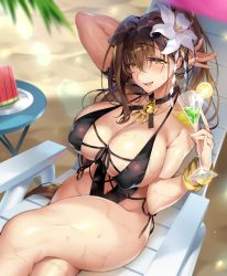 Rule 34 | 1girl, arm up, bad id, bad twitter id, bangle, beach, beach umbrella, bell, black one-piece swimsuit, blush, bracelet, breasts, brown eyes, brown hair, chair, covered erect nipples, crossed bangs, crossed legs, cup, day, eyewear on head, flower, food, fruit, glint, groin, hair between eyes, hair flower, hair ornament, highres, holding, holding cup, jewelry, jingle bell, kanpani girls, large breasts, long hair, looking at viewer, lounge chair, mole, mole under eye, neck bell, necklace, one-piece swimsuit, open mouth, outdoors, palm leaf, pinky out, ponytail, revision, sand, senri gan, shade, shirayuri sakura, sidelocks, skindentation, solo, sunglasses, swimsuit, umbrella, very long hair, watermelon, wet