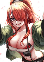 Rule 34 | 1girl, :d, absurdres, bandeau, bare shoulders, black hair, breasts, cleavage, green jacket, groin, hair over one eye, highres, jacket, lain paterson, lain paterson (1st costume), large breasts, long hair, looking at viewer, midriff, multicolored hair, navel, nijisanji, off shoulder, open clothes, open jacket, open mouth, ponytail, pouch, purple eyes, red hair, ruuto (pixiv26998067), simple background, smile, solo, stomach, strapless, streaked hair, suspenders, tube top, upper body, virtual youtuber, white background
