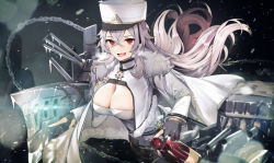 Rule 34 | 1girl, :d, azur lane, black gloves, bottle, breasts, cannon, chain, cleavage, coat, commentary request, crossed bangs, floating hair, frozen, fur trim, gangut (azur lane), gloves, grey hair, hair between eyes, hat, holding, large breasts, long hair, looking at viewer, machinery, military, military uniform, open mouth, partially fingerless gloves, peaked cap, red eyes, smile, solo, tetsubuta, turret, uniform, white coat, white hat