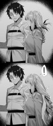 Rule 34 | 1boy, 1girl, absurdres, belt, braid, braided ponytail, breasts, chaldea uniform, comic, fate/grand order, fate (series), florence nightingale (fate), folded ponytail, fujimaru ritsuka (male), greyscale, hair focus, highres, hxd, jacket, large breasts, long hair, long sleeves, military jacket, monochrome, short hair, silent comic, skirt