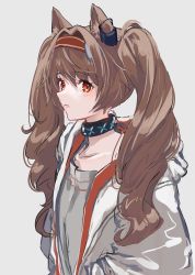 Rule 34 | 1girl, angelina (arknights), animal ears, arknights, brown hair, commentary request, fox ears, from side, gawako, grey shirt, highres, infection monitor (arknights), jacket, long hair, looking at viewer, open clothes, open jacket, orange eyes, parted lips, profile, shirt, sideways glance, simple background, solo, twintails, upper body, white background, white jacket
