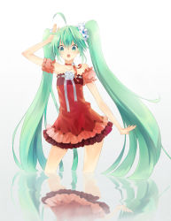 Rule 34 | 1girl, ahoge, aqua eyes, aqua hair, bad id, bad pixiv id, dress, enick, hatsune miku, long hair, looking at viewer, reflection, simple background, spoon (jesing), twintails, very long hair, vocaloid, wading