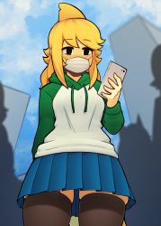 Rule 34 | 1girl, absurdres, black eyes, black thighhighs, blonde hair, blue skirt, cellphone, d-floe, fins, fish tail, green hoodie, head fins, highres, holding, holding phone, hood, hoodie, long hair, long sleeves, looking away, mask, mouth mask, multicolored clothes, multicolored hoodie, original, phone, pleated skirt, sex toy, shark girl, shark tail, skirt, smartphone, solo, swept bangs, tail, thighhighs, vibrator, vibrator in thighhighs, vibrator under clothes, white hoodie