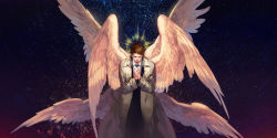 Rule 34 | 1boy, angel wings, animification, blue eyes, brown hair, castiel, closed eyes, coat, facial hair, food, halo, male focus, multiple wings, necktie, own hands clasped, own hands together, praying, seraph, siruphial, sky, solo, star (sky), starry sky, supernatural (tv series), trench coat, wings