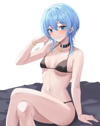 Rule 34 | 1girl, absurdres, alternate costume, bikini, black bikini, black choker, blue eyes, blue hair, blush, bracelet, breasts, choker, closed mouth, collarbone, crossed legs, hand up, highres, hololive, hoshimachi suisei, iris angel12xii, jewelry, looking at viewer, medium hair, navel, official alternate hairstyle, pendant choker, signature, sitting, small breasts, smile, solo, star (symbol), star in eye, stomach, swimsuit, symbol in eye, thighs, virtual youtuber, white background