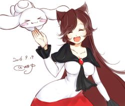 Rule 34 | 1girl, absurdly long hair, animal ears, ascot, breasts, brooch, brown hair, cinnamoroll, crossover, dated, dress, fangs, frilled sleeves, frills, hair over one eye, hand up, hanging breasts, imaizumi kagerou, jewelry, large breasts, long hair, long sleeves, red dress, sanrio, shinomiya naka, simple background, solo, touhou, very long hair, white background, white dress, wide sleeves, wolf ears