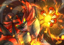 Rule 34 | blurry, claws, colored sclera, commentary request, creatures (company), embers, fire, furry, game freak, gen 7 pokemon, green eyes, hand up, incineroar, incoming attack, kaosu (kaosu0905), looking at viewer, nintendo, open mouth, pokemon, pokemon (creature), sharp teeth, signature, solo, teeth, tongue, yellow sclera
