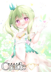 Rule 34 | 1girl, :d, bare shoulders, blush, breasts, commentary, covered navel, elf, english commentary, flower, flower-shaped pupils, gloves, green hair, hand up, heart, highres, leotard, looking at viewer, open mouth, original, pink flower, pointy ears, purple eyes, renew vivi, see-through, side ponytail, sidelocks, small breasts, smile, solo, strapless, strapless leotard, symbol-shaped pupils, teeth, thighhighs, upper teeth only, white flower, white gloves, white leotard, white thighhighs