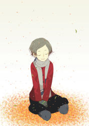 Rule 34 | autumn leaves, closed eyes, gloves, leaf, pantyhose, rakuraku, scarf, solo