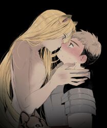Rule 34 | 1boy, 1girl, absurdres, alternate species, animal ears, armor, black background, blonde hair, blush, body fur, breasts, dabln hl, dungeon meshi, eye contact, face-to-face, hands up, hetero, highres, imminent kiss, laios touden, leaning forward, long hair, looking at another, marcille donato, marcille donato (scylla), monster girl, nude, open mouth, parted lips, plate armor, profile, scylla, short hair, simple background, sweat, upper body, wolf ears, wolf girl