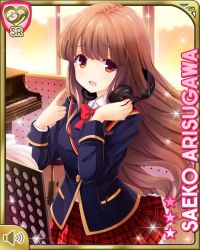 Rule 34 | 1girl, arisugawa saeko, blue jacket, bow, bowtie, brown eyes, brown hair, card (medium), girlfriend (kari), indoors, instrument, jacket, long hair, music stand, official art, open mouth, piano, pink background, plaid, plaid skirt, pointing, pointing at self, qp:flapper, red bow, red skirt, school uniform, shirt, skirt, smile, solo, studio, tagme, white shirt