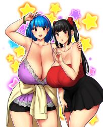 Rule 34 | 2girls, absurdres, arm up, bare shoulders, black hair, black shorts, black skirt, blue hair, bracelet, breasts, camisole, cleavage, cowboy shot, earrings, erkaz, hair ornament, hair scrunchie, hand on own hip, hand up, highres, huge breasts, jewelry, lace trim, long hair, looking at viewer, medium hair, multiple girls, open mouth, original, outline, purple camisole, red eyes, red scrunchie, red tube top, rina atherina, scrunchie, shorts, skirt, star (symbol), strapless, tube top, twintails, v, white outline, yukihana (erkaz)