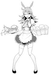 Rule 34 | 1girl, apron, blush, bow, breasts, drink, fate/grand order, fate (series), food, frilled skirt, frills, full body, greyscale, head wings, highres, hildr (fate), kneehighs, long hair, looking at viewer, maid apron, medium breasts, medium hair, monochrome, one eye closed, ono misao, open mouth, puffy short sleeves, puffy sleeves, ribbon, short sleeves, skirt, smile, socks, solo, standing, thighhighs, tray, valkyrie (fate), waist apron, waitress, wings, wrist cuffs, zettai ryouiki