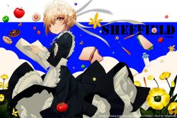 Rule 34 | 1girl, apple, apron, artist name, azur lane, bad id, bad pixiv id, black dress, blonde hair, blue sky, brown eyes, chain, character name, chocolate doughnut, commentary request, cross, doughnut, dress, flower, food, fork, frilled apron, frills, fruit, green apple, hair over one eye, juliet sleeves, long sleeves, looking at viewer, looking to the side, maid, maid apron, maid headdress, official art, one eye closed, parted lips, prophet chu, puffy sleeves, red apple, sheffield (azur lane), short hair, sky, solo, tomato, watermark, web address, white apron, yellow flower