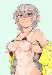 Rule 34 | 1girl, bad id, bad twitter id, bikini, bikini top lift, bikini top only, black bikini, blue eyes, breasts, closed mouth, clothes lift, erika (pk patchworks), female focus, hair between eyes, highres, lifted by self, looking at viewer, medium breasts, midriff, navel, nipples, nose, pk patchworks, raincoat, short hair, simple background, smile, solo, swimsuit, thwwshark, white hair