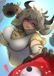 Rule 34 | !, 1girl, 1other, ^ ^, animal ears, attack, backlighting, black horns, blurry, blurry background, breasts, captain (kemono friends), cellien (kemono friends), closed eyes, dress, facing another, floating hair, from below, gloves, grabbing, grey hair, hair ribbon, highres, horns, huge breasts, john (a2556349), kemono friends, kemono friends 3, long hair, looking at another, midair, monster, neck ribbon, one-eyed, open mouth, ox ears, ox girl, ox horns, ribbon, shaded face, shirt, short sleeves, sky, smile, solo focus, sweat, nervous sweating, tail, white dress, yak (kemono friends), yellow shirt