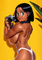 Rule 34 | abs, aqua eyes, arung samudra (cessa), back, biceps, black hair, breasts, camera, censored nipples, cessa, convenient arm, convenient censoring, cowboy shot, dark-skinned female, dark skin, glasses, holding, holding camera, large breasts, leaf, looking at viewer, medium hair, ombok diving and delivery services, panties, shadow, sideboob, smile, topless, underwear, white panties