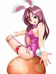 Rule 34 | 1girl, animal ears, bow, bowtie, breasts, covered erect nipples, fake animal ears, female focus, full body, highres, original, playboy bunny, ponnetsu, purple eyes, purple hair, rabbit ears, rabbit tail, sitting, solo, tail, thighhighs, white background, wrist cuffs