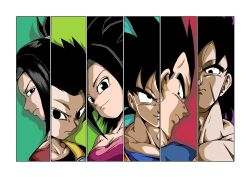 Rule 34 | 2girls, 4boys, black eyes, black hair, breasts, broly (dragon ball super), cabba, caulifla, character portrait, check commentary, cleavage, colorized, commentary, commentary request, dbz (misaki339), dragon ball, dragon ball super, glaring, kale (dragon ball), multiple boys, multiple girls, portrait, saiyan, scar, son goku, spiked hair, strapless, tube top, vegeta