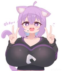 Rule 34 | 1girl, :d, absurdres, ahoge, animal ear fluff, animal ears, blush, breasts, bright pupils, cat ears, cat girl, cat tail, character name, collarbone, commentary, commentary request, cropped hoodie, english commentary, fang, gabai, hair between eyes, hands up, heart, highres, hololive, hood, hoodie, huge breasts, long sleeves, looking at viewer, medium hair, mixed-language commentary, navel, nekomata okayu, nekomata okayu (1st costume), onigiri print, open mouth, purple eyes, purple hoodie, simple background, skin fang, smile, solo, tail, two-tone hoodie, upper body, variant set, virtual youtuber, white background, white pupils
