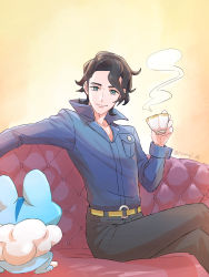 Rule 34 | 1boy, absurdres, aihysa, augustine sycamore, belt, blue shirt, brown hair, closed mouth, collared shirt, commentary request, couch, creatures (company), crossed legs, cup, curly hair, facial hair, game freak, gen 8 pokemon, green eyes, highres, holding, holding cup, long sleeves, looking down, male focus, nintendo, pants, pokemon, pokemon xy, popped collar, shirt, short hair, sitting, smile, sobble, steam, yellow belt