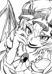 Rule 34 | 1girl, ascot, bat wings, blush, bow, brooch, fang, fingernails, greyscale, hair between eyes, hand up, hat, hat bow, highres, himajin noizu, jewelry, looking at viewer, mob cap, monochrome, open mouth, remilia scarlet, sharp fingernails, short hair, short sleeves, simple background, slit pupils, solo, torn wings, touhou, upper body, white background, wings