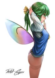 Rule 34 | 1girl, arm up, ascot, ass, blouse, blue vest, blush, breasts, cowboy shot, daiyousei, from side, green eyes, green hair, hair ribbon, hair tie, hair tie in mouth, highres, jiashou, large breasts, long hair, long sleeves, low wings, mouth hold, pantyhose, ponytail, profile, ribbon, see-through, see-through legwear, shirt, simple background, smile, solo, standing, thighband pantyhose, thighs, touhou, tying hair, vest, white background, white shirt, wings, yellow ascot, yellow ribbon