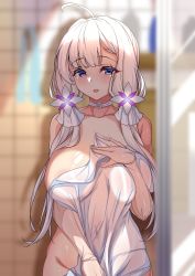 Rule 34 | 1girl, :o, absurdres, ahoge, areola slip, azur lane, bathroom, blue eyes, blunt bangs, blurry, blurry background, blush, breasts, choker, collarbone, covered navel, covering privates, depth of field, elbow gloves, gloves, groin, hand on own chest, highres, illustrious (azur lane), indoors, large breasts, light, long hair, looking at viewer, low twintails, lumu yuanxiang, mole, mole under eye, nude cover, open mouth, partially fingerless gloves, see-through, silver hair, solo, towel, twintails, white choker, white gloves