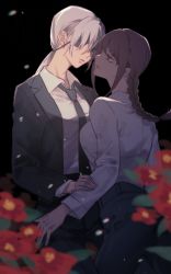 Rule 34 | 2girls, ass, black background, black necktie, black pants, blackhiro6, braid, braided ponytail, breasts, brown hair, business suit, chainsaw man, collared shirt, couple, dark, eyepatch, flower, formal, height difference, high-waist pants, highres, holding another&#039;s arm, imminent kiss, long sleeves, looking at another, makima (chainsaw man), medium breasts, multiple girls, necktie, open mouth, pants, quanxi (chainsaw man), ringed eyes, serious, shirt, silver hair, suit, untucked, white shirt, yellow eyes, yuri